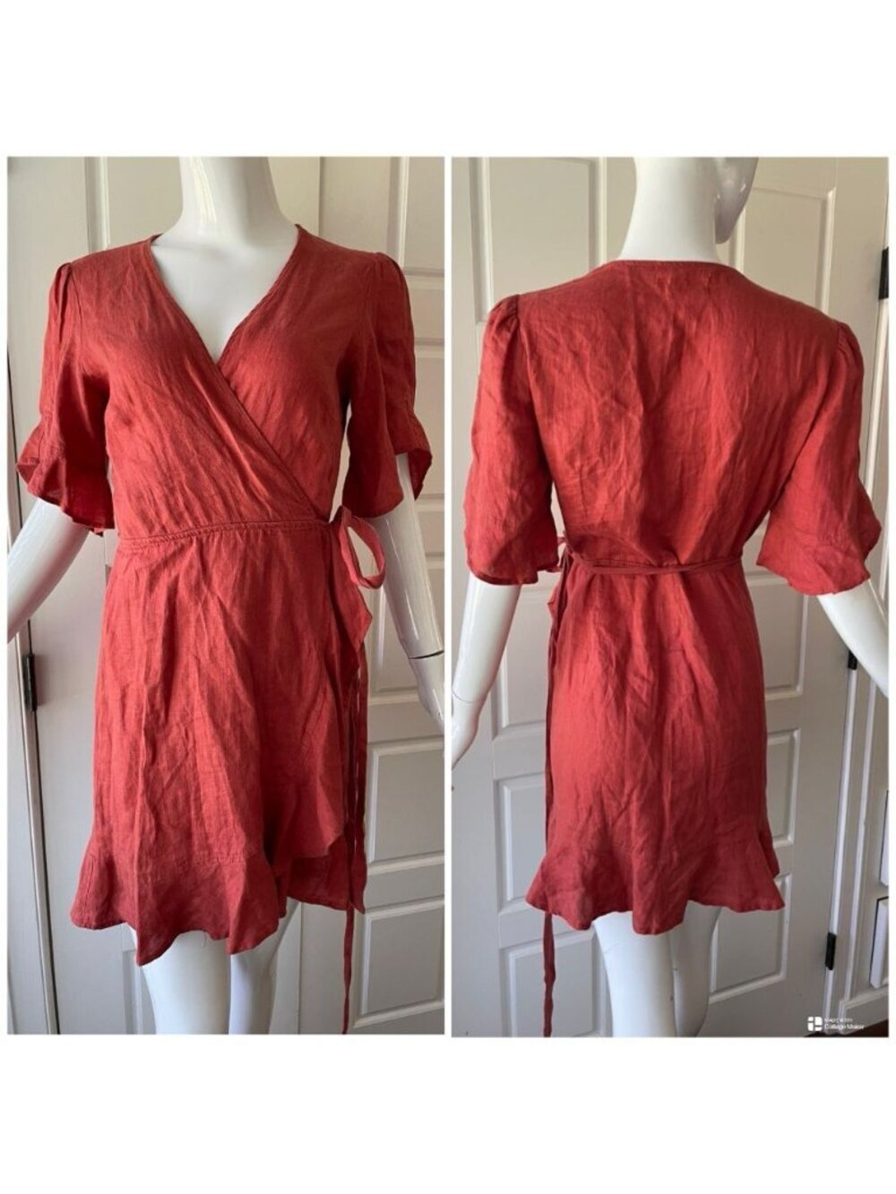 Honorine Edie Linen Ruffle Wrap Mini Dress Terracotta European Summer Boho Chic